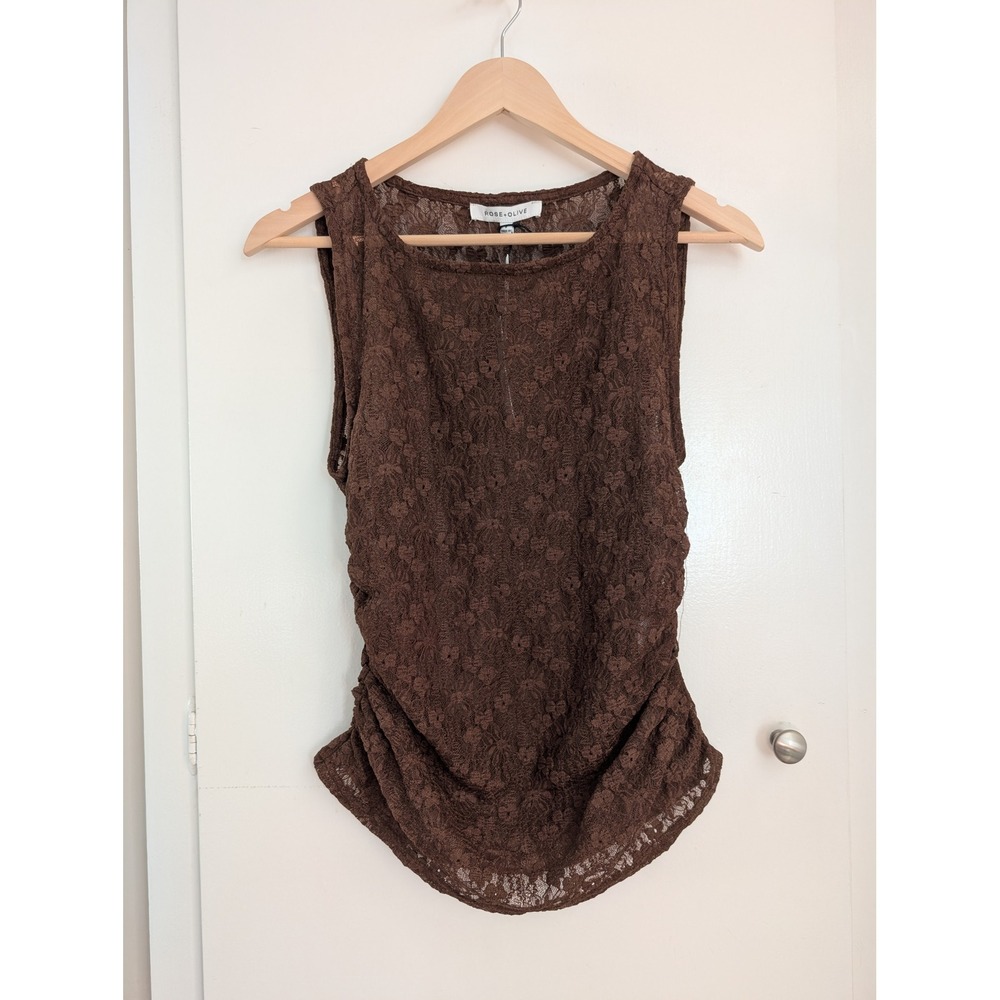 Rose + Olive Brown Floral Lace Ruched Sleeveless Top Whimsygoth Fairy Grunge